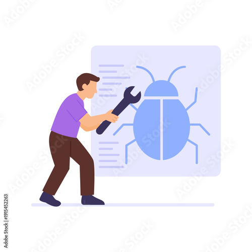 Debugging, identifying fixing errors in website code, Flat vector character illustration