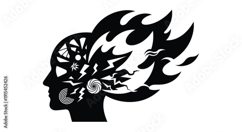 A black and white image of a human head with gears and flames
