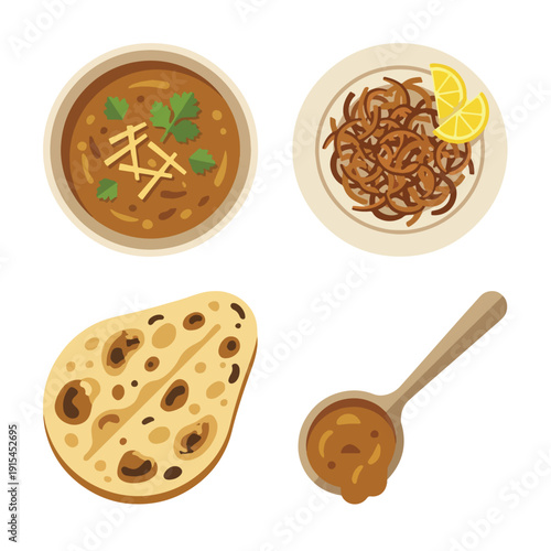 Hyderabadi Haleem Meat Lentil Stew Food Icon Set