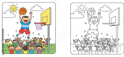 Boy Dunking Basketball Illustration with Coloring Page Version, Happy Children Cheering at School Sports Court, Cartoon Style Sports Graphic for Kids Activity and Education