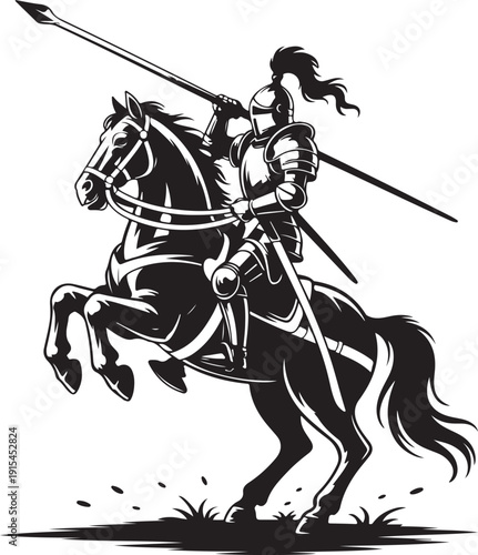 Black and White Knight on Horseback with Spear, Medieval Warrior Illustration