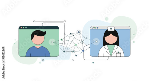 Telemedicine concept illustration showing a patient having a virtual consultation with a female doctor online through connected computer screens.