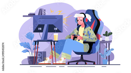 Senior gamer playing video games modern lifestyle elderly woman with headphones game controller at computer desk home interior plants