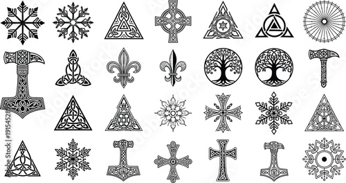 Ancient Sacred Symbol Icon Set Featuring Celtic, Norse And Pagan Signs Including Crosses, Triangles, Trees And Mythological Emblems