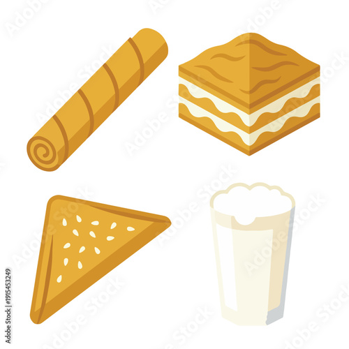 Turkish Borek Pastry and Ayran Drink Icon Set