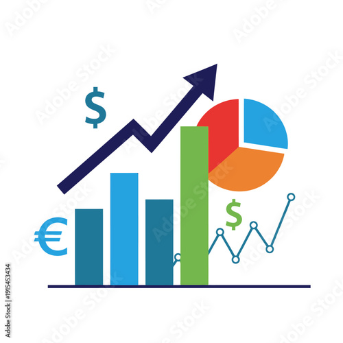 Financial Growth Chart with Bar Graph, Pie Chart, and Upward Arrow
