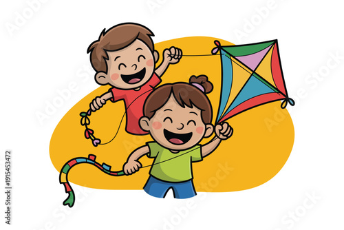 Kite colorful illustration of two happy children playing outside