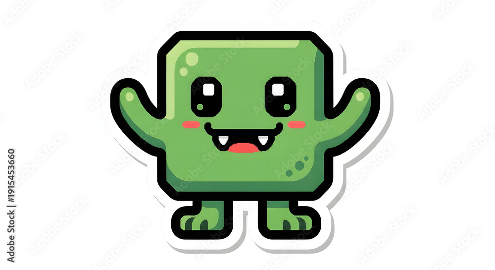 Obraz premium Cute green square monster cartoon character with big eyes and a happy smile, raising its arms in a friendly gesture, isolated on white.