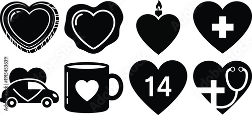 Collection of various heart shapes and symbols in black and white for design and decoration purposes easily