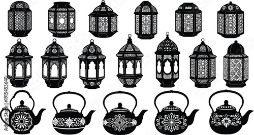 Islamic Lantern And Decorative Teapot Silhouette Icon Set Featuring Traditional Ramadan, Arabic Pattern And Oriental Home Decor Elements
