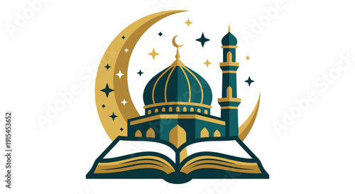 Crescent moon and mosque dome rising from open book, starry night icons in teal and gold palette, spiritual learning concept with minaret silhouette, serene Islamic faith symbol on clean space