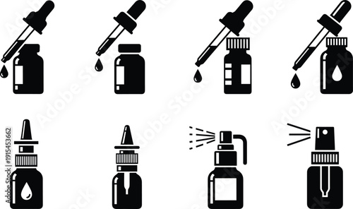 Medicine Dropper Bottle Icon Set Showing Liquid Drops, Spray Containers And Medical Packaging Symbols For Pharmacy And Healthcare Design Use