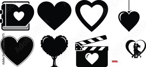 Diverse heart shapes and symbols in black for creative projects and designs on various backgrounds easily