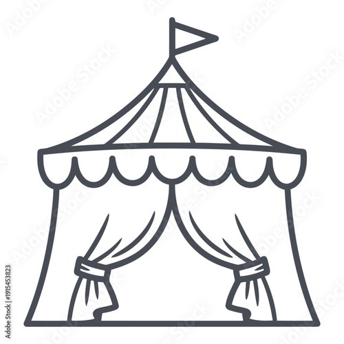 A black line drawing of a circus tent with a flag on top