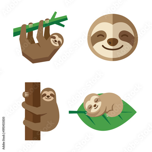Cute Tropical Sloth Jungle Animal Character Icon Set