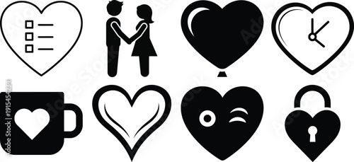 Black heart shapes and symbols on for valentines day or love themed designs