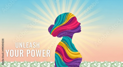 Vibrant woman silhouette with colorful swirls radiating empowerment
