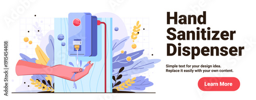 Hand sanitizer dispenser hygiene prevention infection control hand using wall-mounted device with liquid drops abstract background leaves bubbles