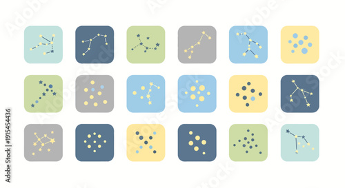 A collection of 18 square icons depicting various star constellations and dot patterns in a flat, minimalist style with pastel colors.