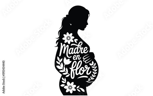 A pregnant woman silhouette with floral design and Spanish text
