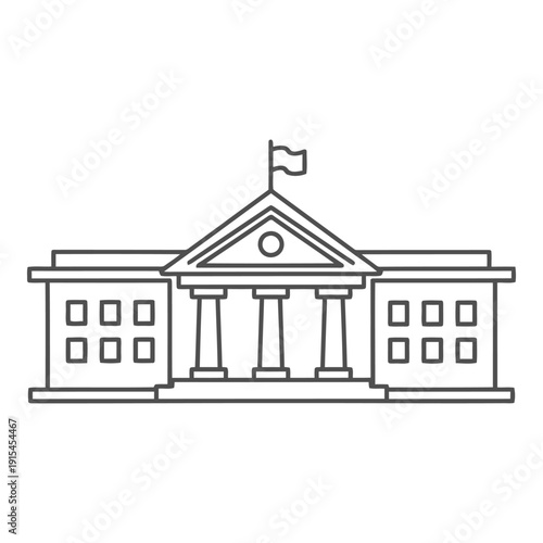 A line drawing of a government building with columns and a flag on top in a simple style
