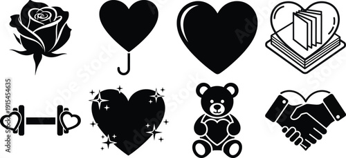 Black heart and object icons including a teddy bear and rose