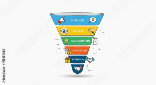 A colorful vector graphic illustrating a marketing funnel with five stages