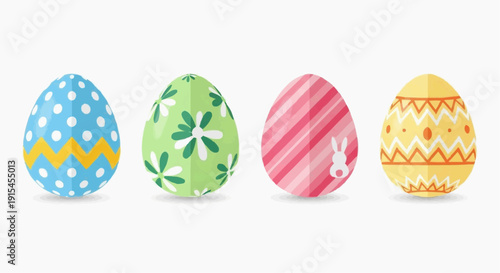 A colorful illustration of four decorated Easter eggs in various patterns