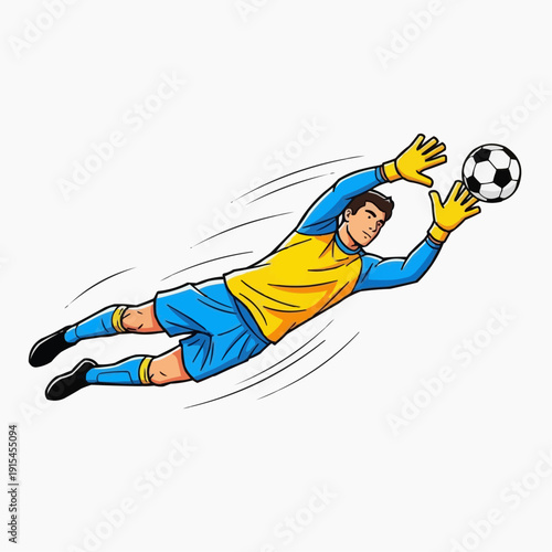 A cartoon soccer goalkeeper diving to catch a ball in mid-air