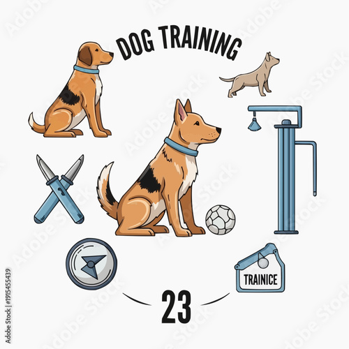 A vector graphic illustration of dog training equipment and dogs