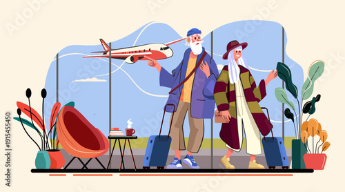 Active senior travelers airport adventure elderly couple with suitcases modern waiting area airplane window plants cozy seating colorful decor