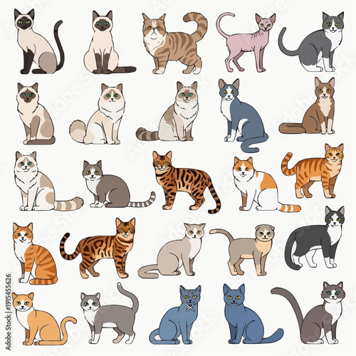 A colorful collection of cartoon cats in various breeds and poses