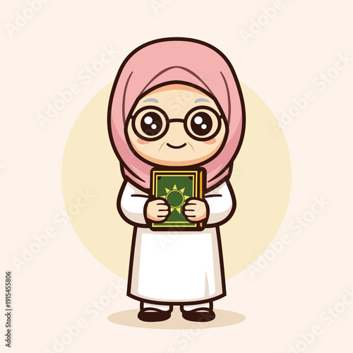 A chibi Muslim grandmother in a pink hijab and glasses, smiling while holding the Quran