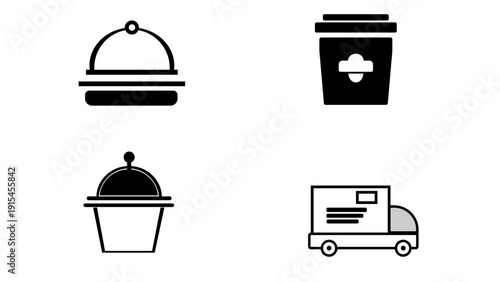 Food Delivery and Restaurant Service Vector Icons Set — Meal Tray, Takeaway Coffee Cup, Catering Dome, Fast Delivery Truck Minimal Line Symbols