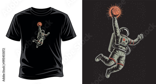 Astronaut playing basketball in outer space, cosmic theme, galaxy, stars, and universe