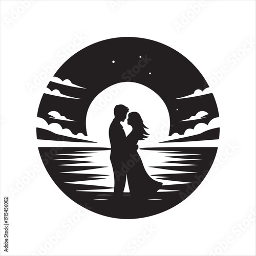 sunset couple vector silhouette line art logo concept illustration