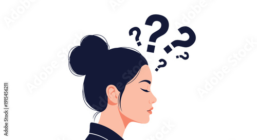Profile illustration of a woman with question marks above her head