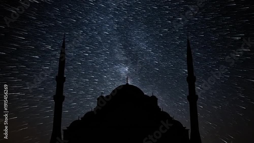 Mosque Silhouette Under Starry Night Sky.