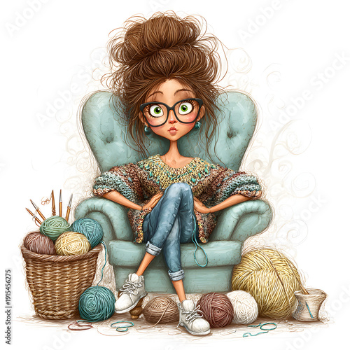 Watercolor illustration of a girl sitting in an armchair knitting, surrounded by colorful yarn balls, painted in a cozy soft pastel style, perfect for lifestyle, hobby, home decor, craft illustrations