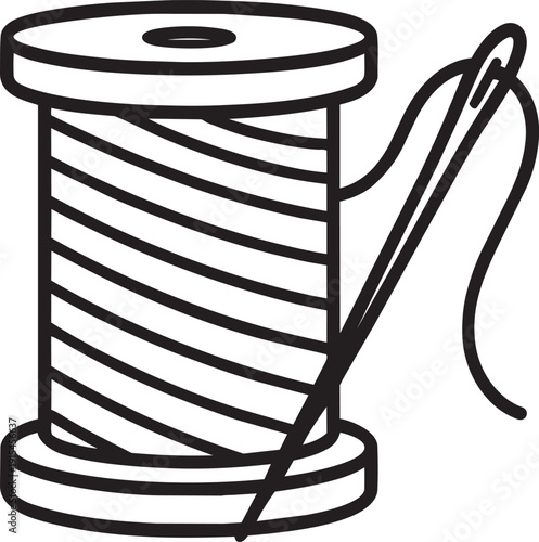 Sewing thread spool with needle linear icon vector illustration tailor craft tool isolated on white background