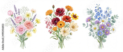 Floral Bouquets Collection Watercolor Illustration Three Separate Arrangements Pastel Bright Wildflowers Isolated White Background