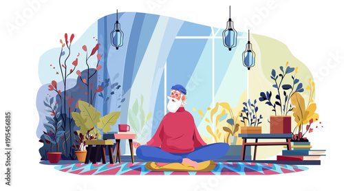 Senior man meditating yoga mindfulness indoor plants cozy room books colorful modern home