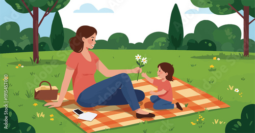 Mother and Child Enjoying a Picnic in a Park with Flowers