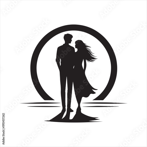 sunset couple vector silhouette line art logo concept illustration