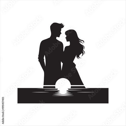 sunset couple vector silhouette line art logo concept illustration