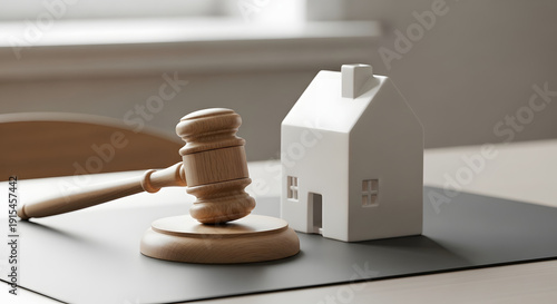 Gavel and ceramic house on minimalist desk in Scandinavian office