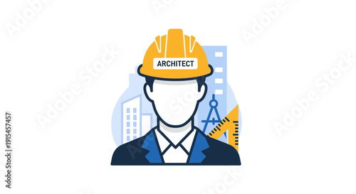 Architect wearing hard hat with blueprints and buildings in background.