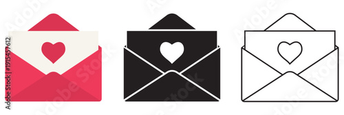 Love Message Envelope Icon Vector Set – Romantic Letter with Heart Symbol, Valentine Mail Illustration for Dating,
 Wedding and Social Media Design