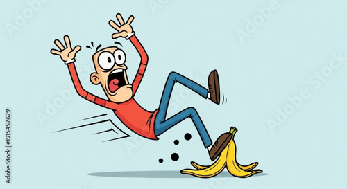 Man slipping and falling on a banana peel in a comical accident scene with a shocked expression