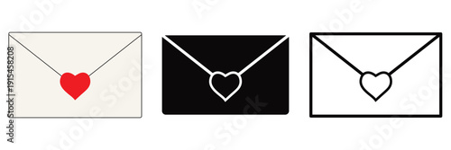 Love Message Envelope Icon Vector Set – Romantic Letter with Heart Symbol, Valentine Mail Illustration for Dating,
 Wedding and Social Media Design